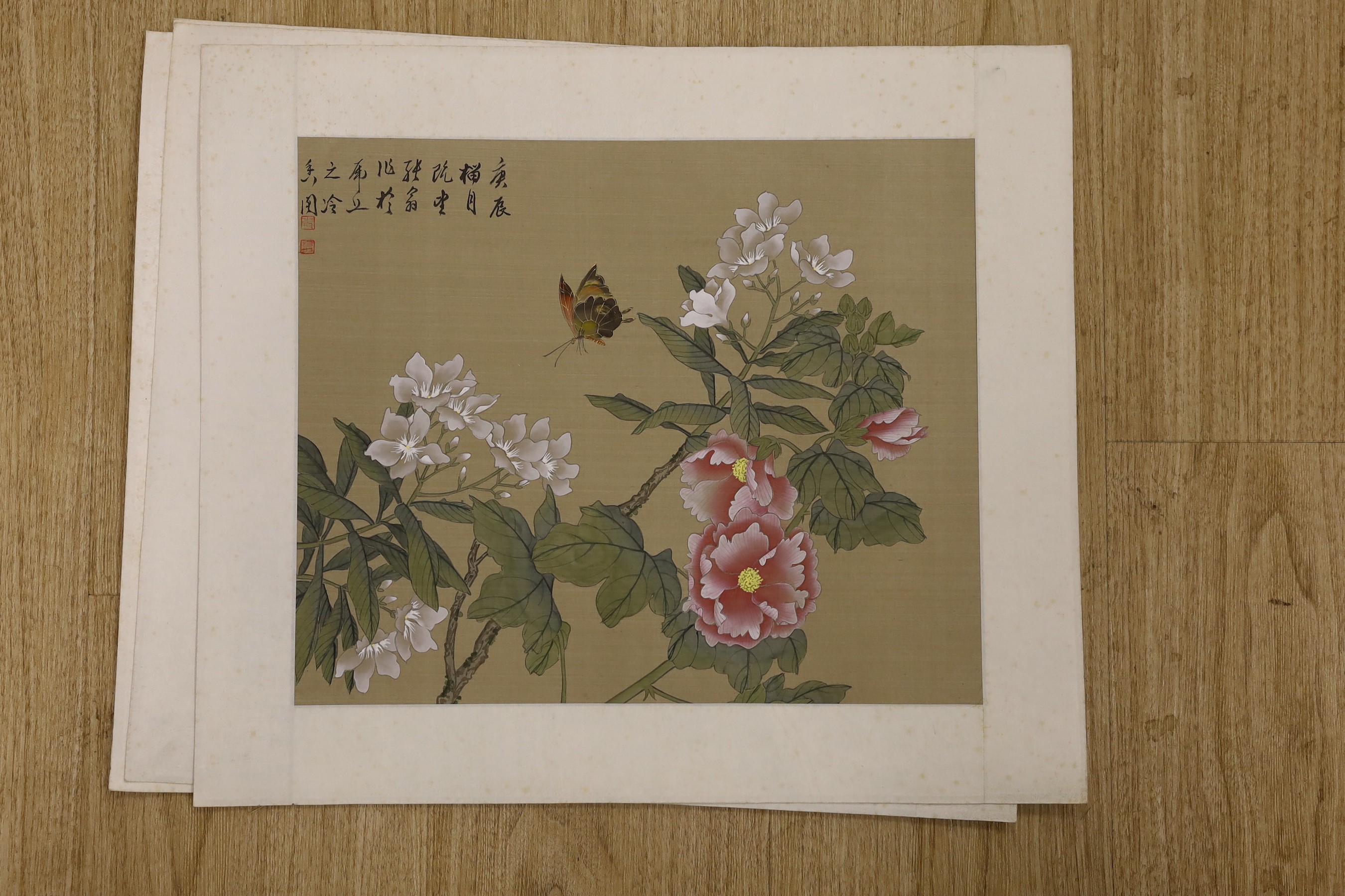 Chinese School, late 20th century, four paintings on silk “Or butterflies amid blossoming branches, 30 cm X 36 cm